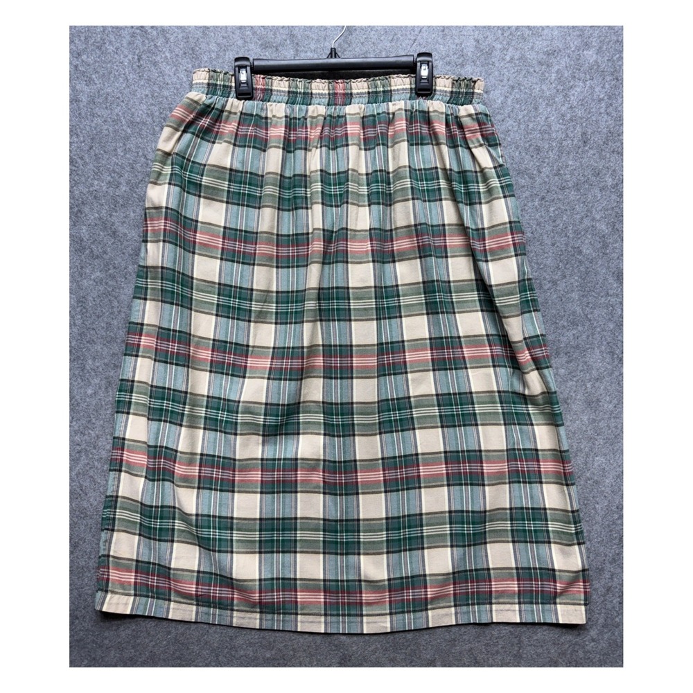 Lands End Vintage Plaid Midi Skirt Green Tan Cotton Elastic Waist Pockets Large